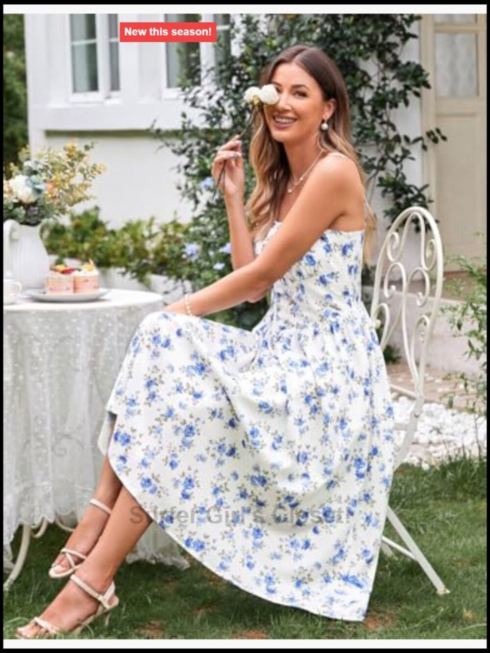 Floral Corset Midi Dress Smocked Back A-Line Summer Sundress - Picture 4 of 7